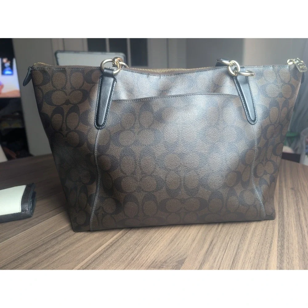 Coach Signature Zip Top Tote Bag Brown Black Canvas Leather Purse/Wallet F58318